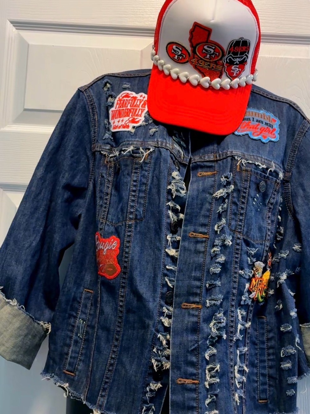 Ladies Distressed Denim Jacket with Patch Details - Blue